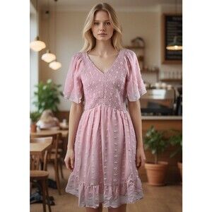 Zattcas Swiss Dot Pink Smocked Dress Puff Sleeve Ruffle Hem Cottagecore Medium